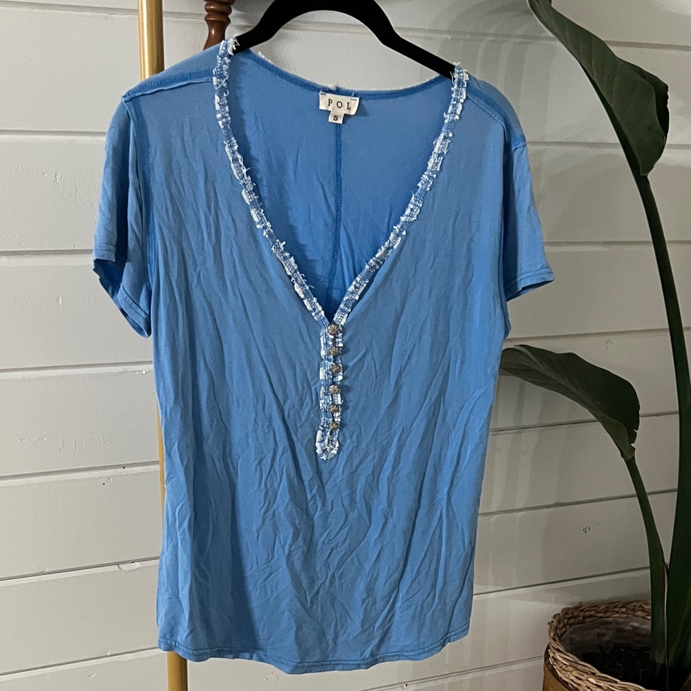 POL Blue V-Neck Embellished Tee